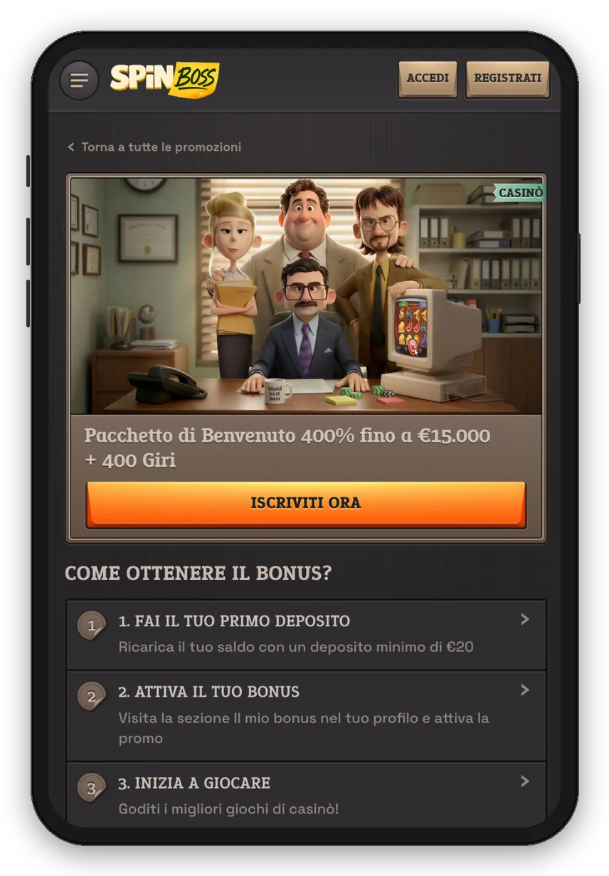 Dettaglio del pacchetto di benvenuto SpinBoss 400% fino a €15.000 + 400 giri con i passaggi per ottenere il bonus (mockup smartphone)