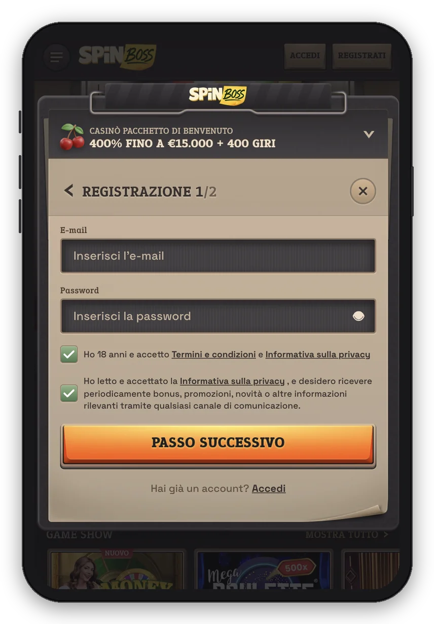 Modulo di registrazione SpinBoss (passo 1 di 2) su mobile con e-mail, password e consenso ai termini (mockup smartphone)